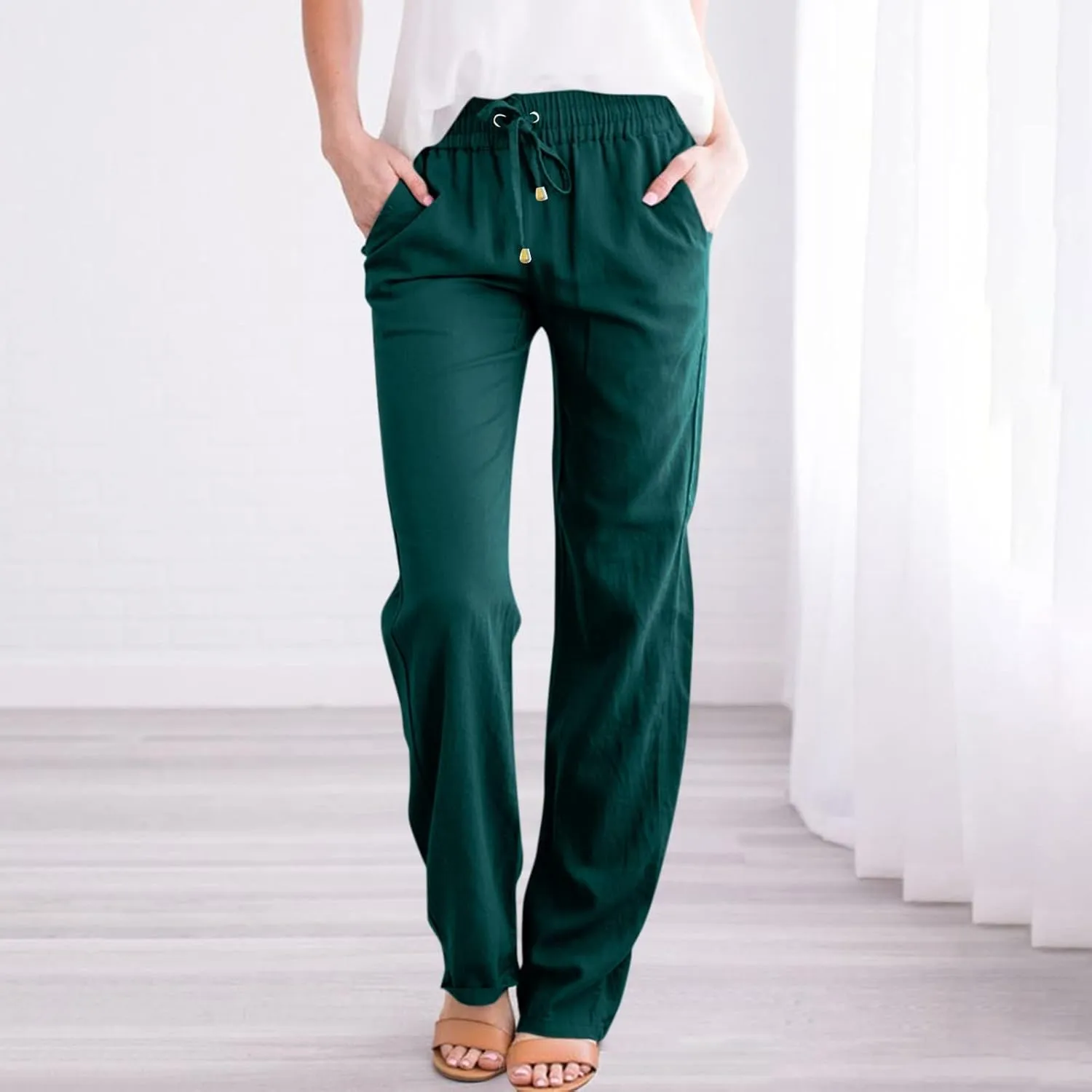 Women's Summer Fashion Linen Pants Loose Fit High Waisted Business Casual Pants Wide Leg Trouser Pants with Pockets