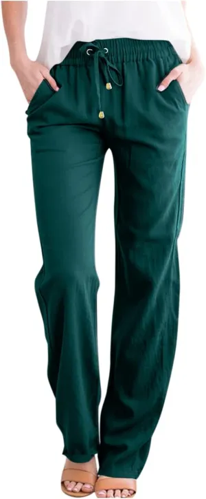 Women's Summer Fashion Linen Pants Loose Fit High Waisted Business Casual Pants Wide Leg Trouser Pants with Pockets