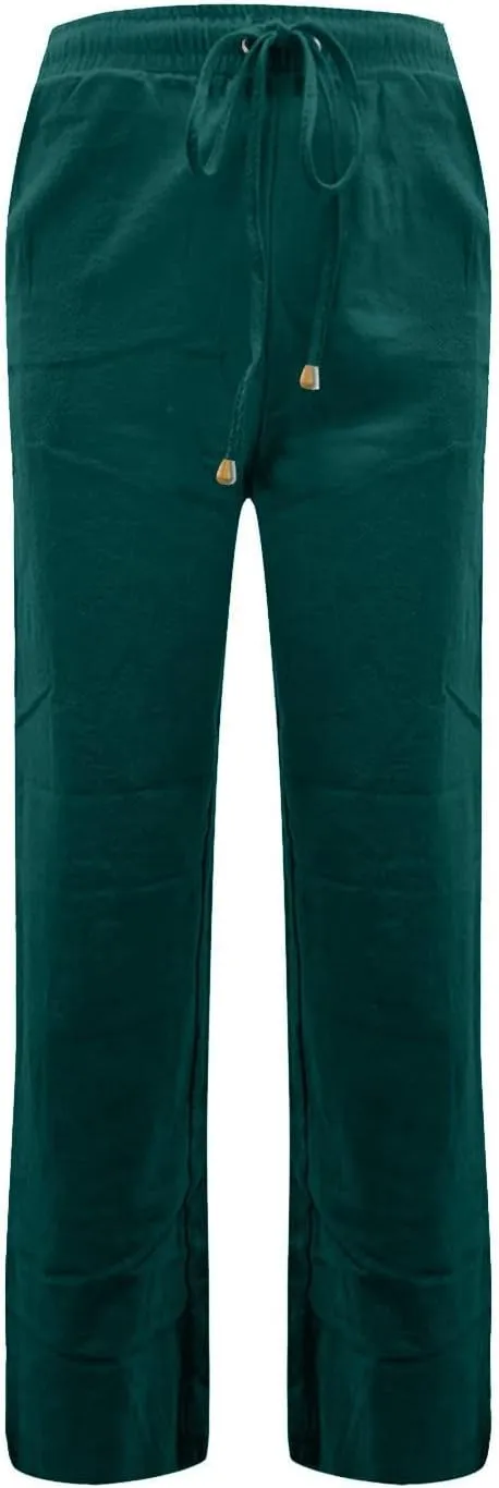 Women's Summer Fashion Linen Pants Loose Fit High Waisted Business Casual Pants Wide Leg Trouser Pants with Pockets