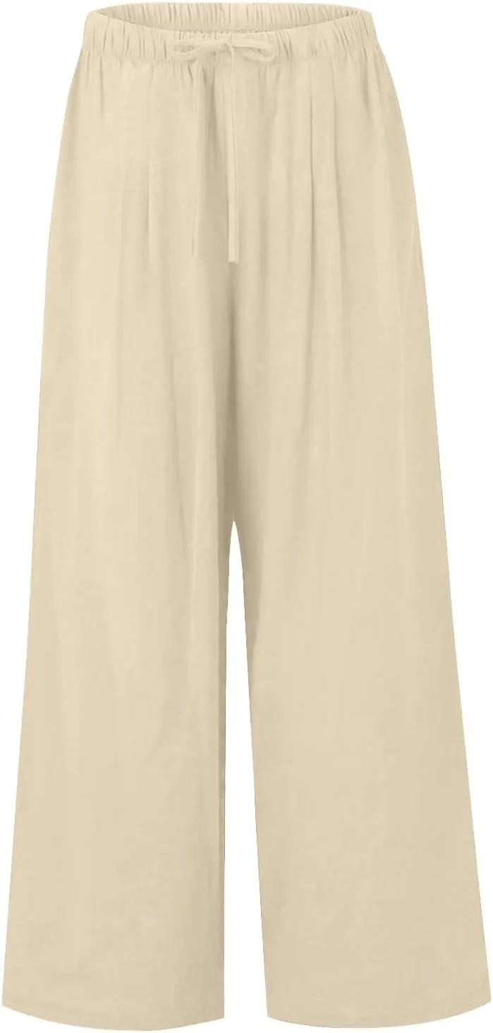 Women's Summer Linen Palazzo Pants Wide Leg Drawstring Elastic High Waist Casual Loose Beach Travel Lounge Pants 2025