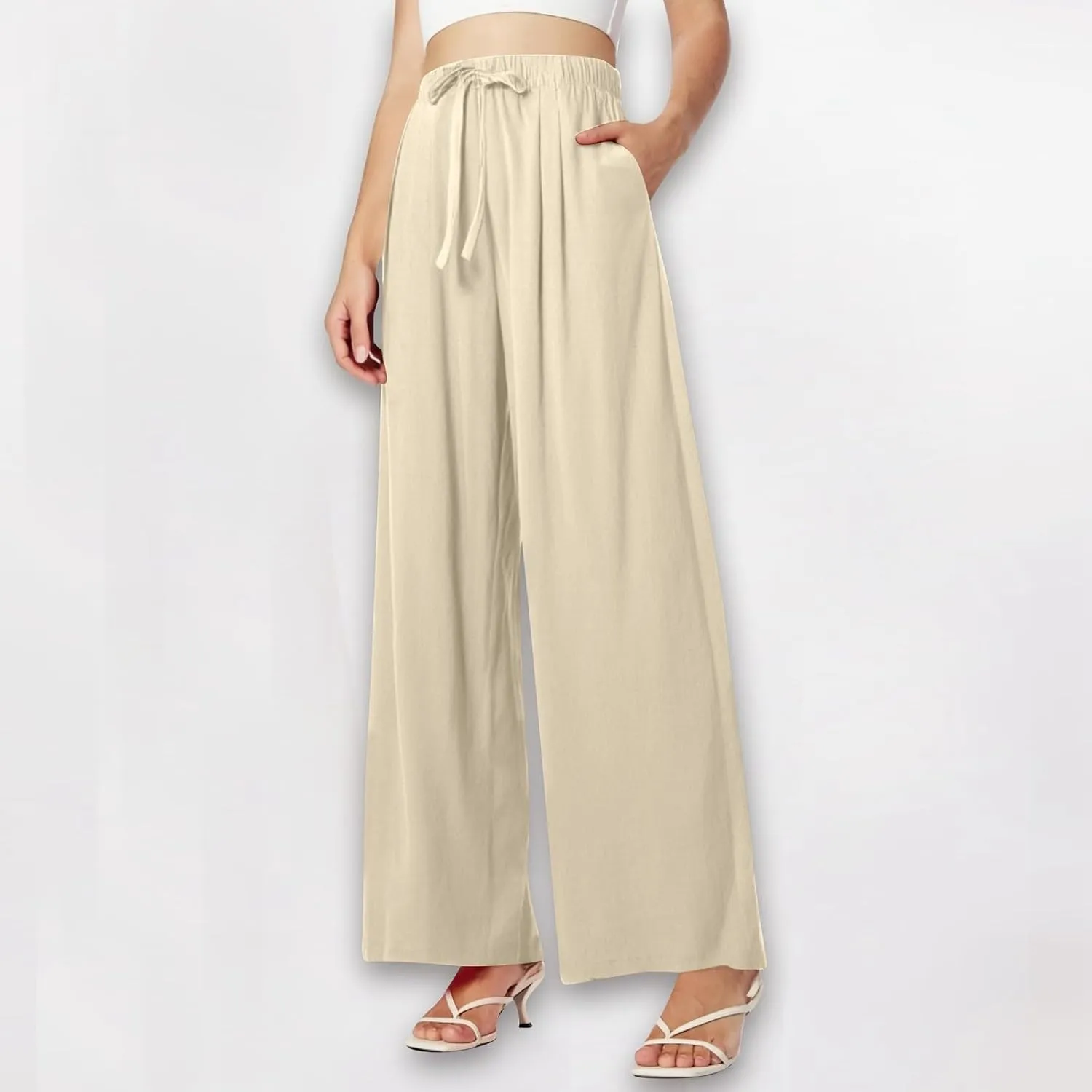 Women's Summer Linen Palazzo Pants Wide Leg Drawstring Elastic High Waist Casual Loose Beach Travel Lounge Pants 2025