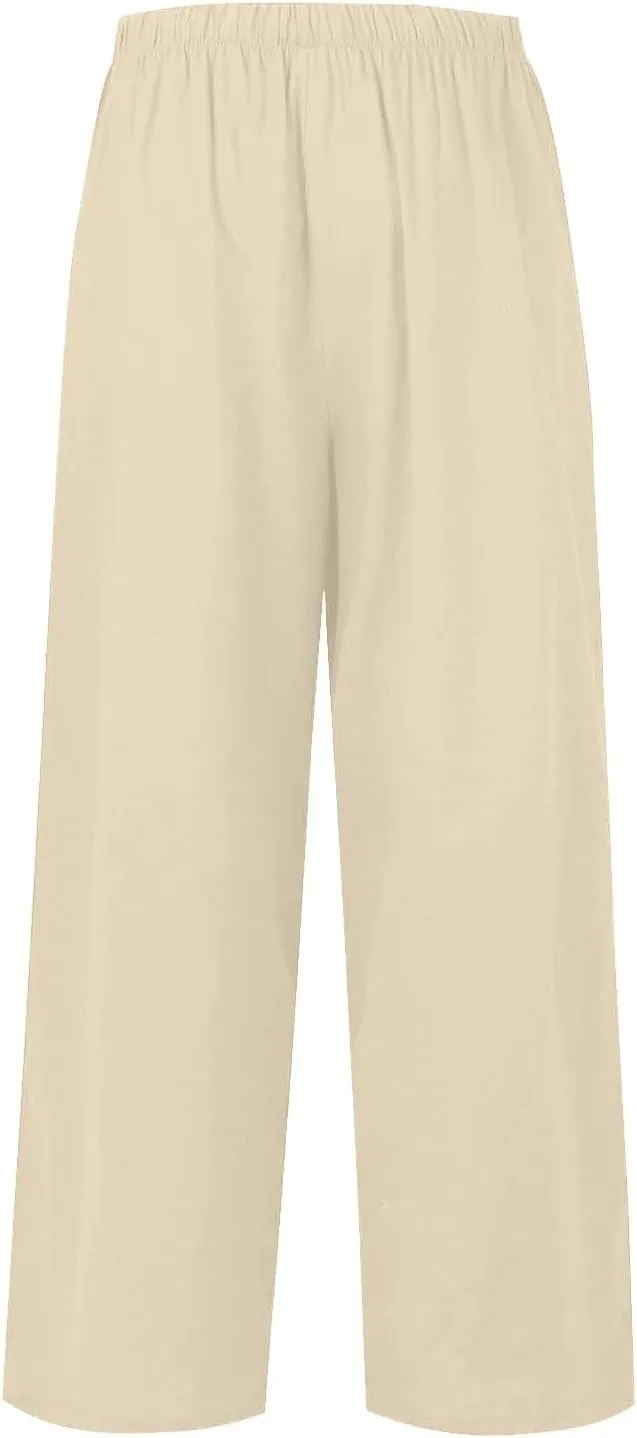 Women's Summer Linen Palazzo Pants Wide Leg Drawstring Elastic High Waist Casual Loose Beach Travel Lounge Pants 2025
