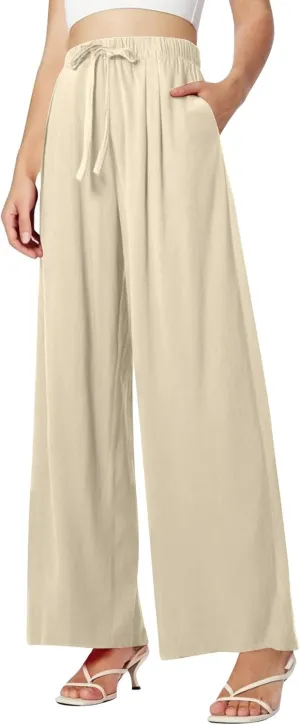 Women's Summer Linen Palazzo Pants Wide Leg Drawstring Elastic High Waist Casual Loose Beach Travel Lounge Pants 2025
