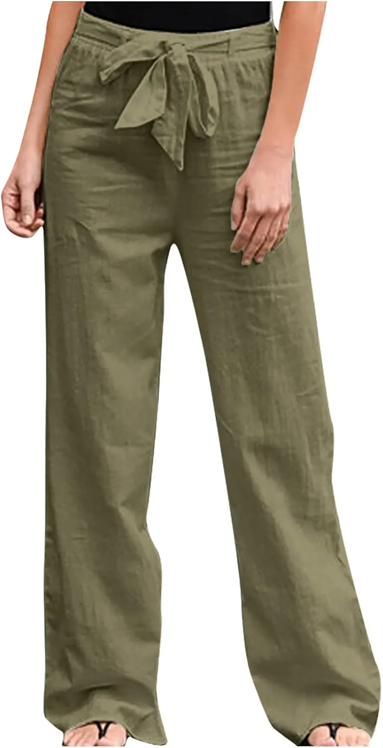 Women's Summer Palazzo Pants - Linen Wide Leg Pants for Women with Pockets Drawstring Casual Vacation Outfits