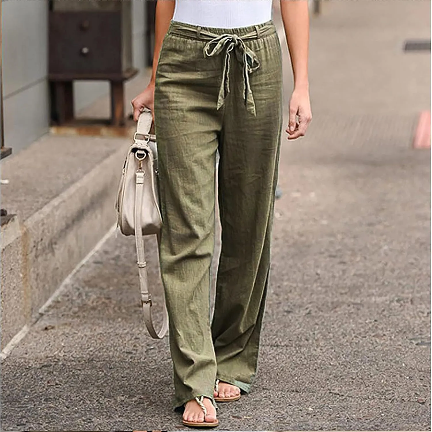 Women's Summer Palazzo Pants - Linen Wide Leg Pants for Women with Pockets Drawstring Casual Vacation Outfits