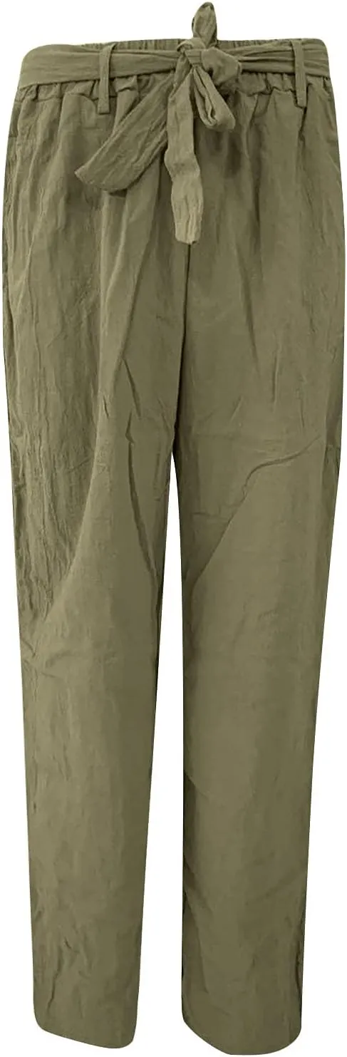 Women's Summer Palazzo Pants - Linen Wide Leg Pants for Women with Pockets Drawstring Casual Vacation Outfits