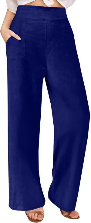 Womens Summer Pants 2025 Trendy Cotton Linen Pants Casual Wide Leg Pants Elastic Waist Pant Trousers with Pockets