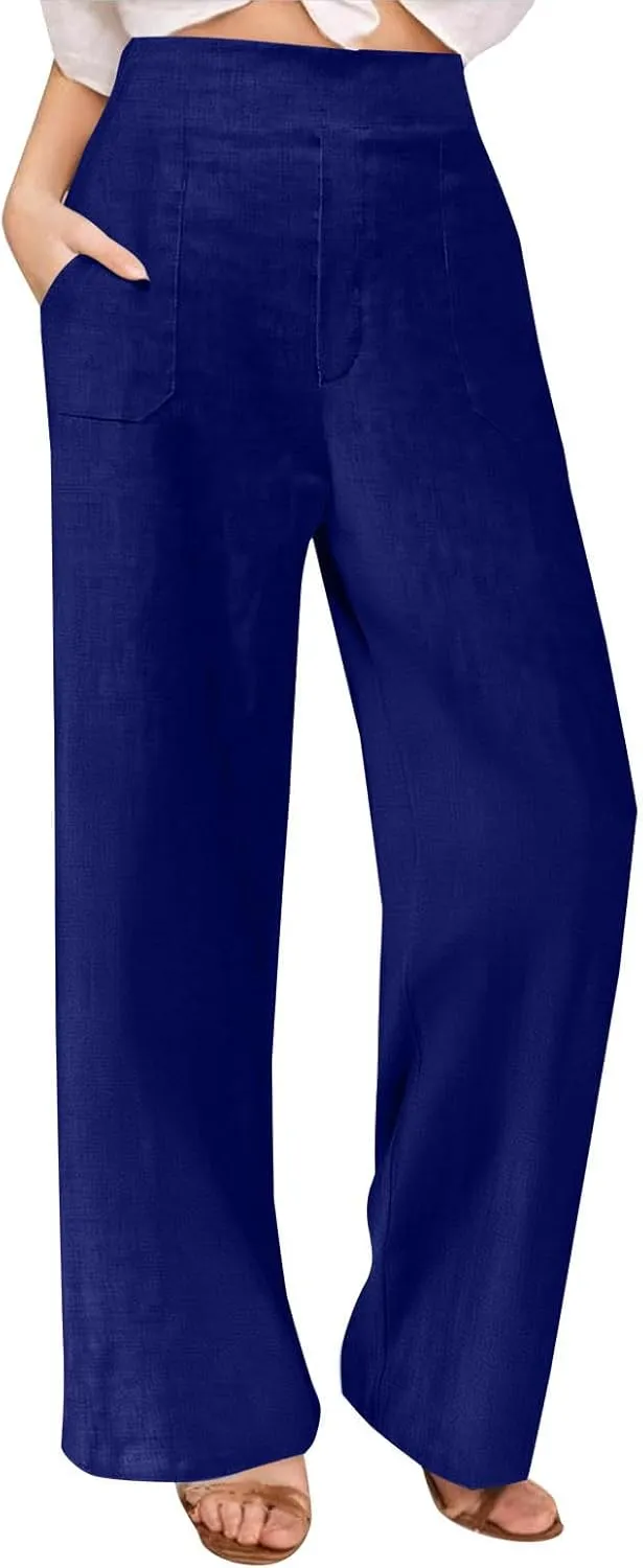 Womens Summer Pants 2025 Trendy Cotton Linen Pants Casual Wide Leg Pants Elastic Waist Pant Trousers with Pockets