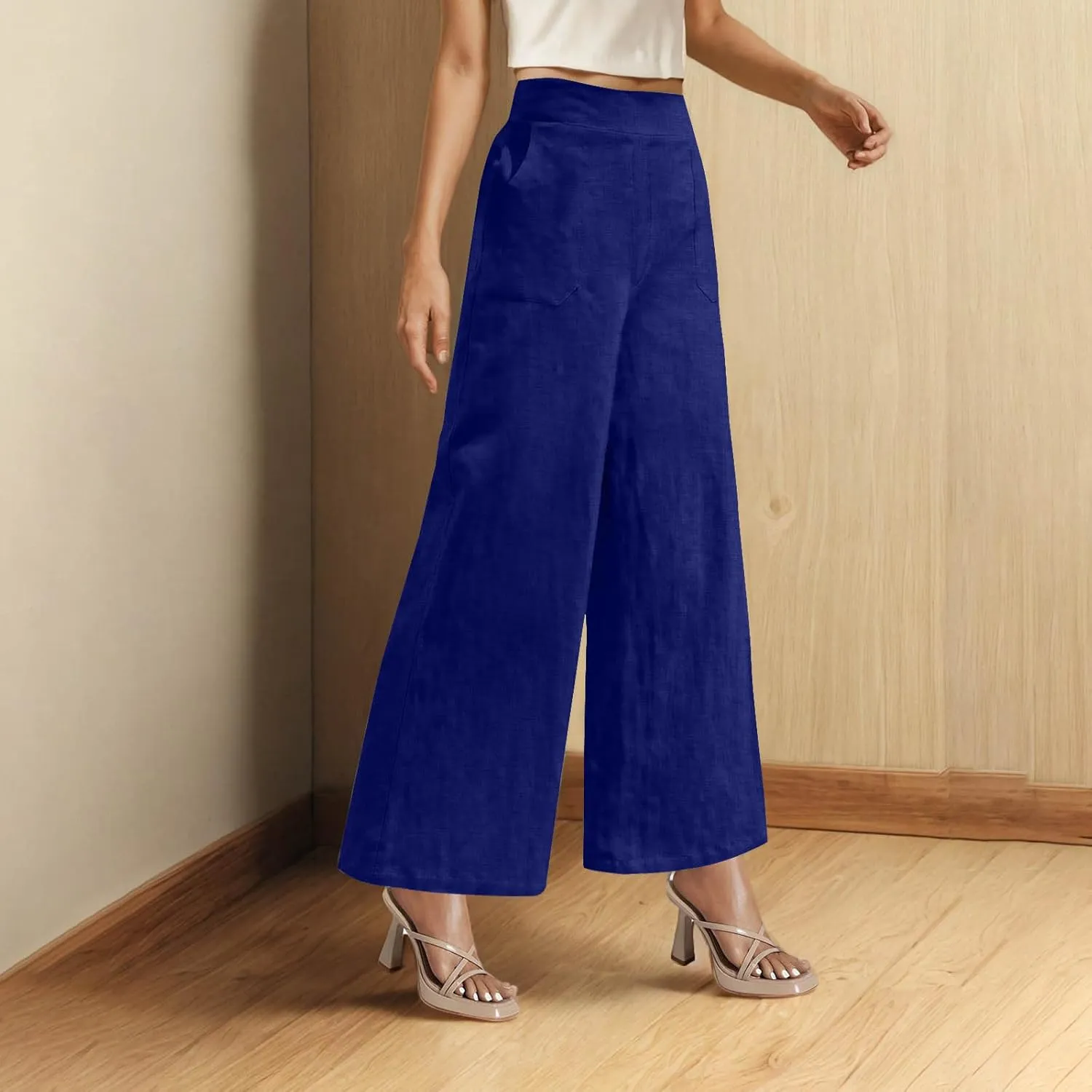 Womens Summer Pants 2025 Trendy Cotton Linen Pants Casual Wide Leg Pants Elastic Waist Pant Trousers with Pockets