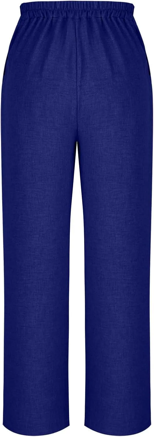 Womens Summer Pants 2025 Trendy Cotton Linen Pants Casual Wide Leg Pants Elastic Waist Pant Trousers with Pockets