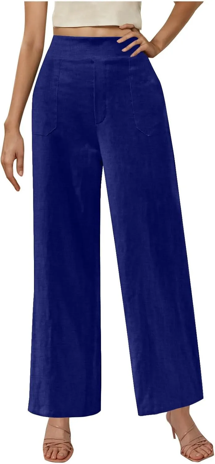 Womens Summer Pants 2025 Trendy Cotton Linen Pants Casual Wide Leg Pants Elastic Waist Pant Trousers with Pockets
