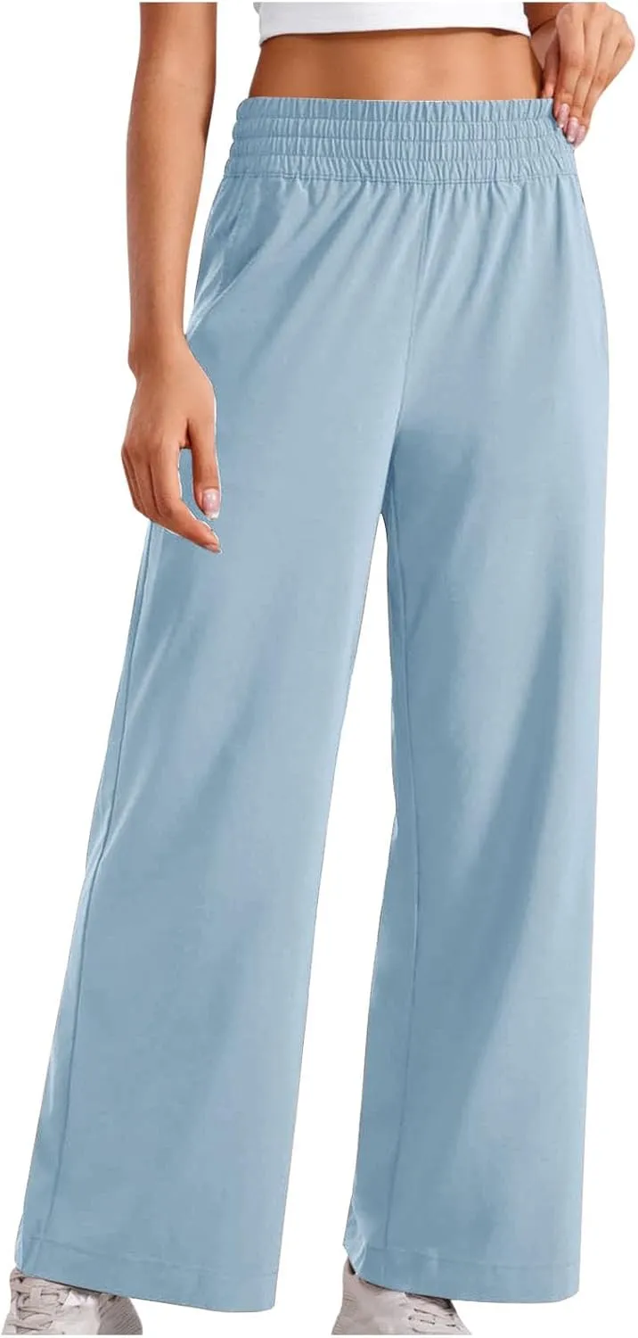 Womens Wide Leg Lightweight Pants Yoga Sport Palazzo Slacks High Waist Casual Travel Work Summer Trousers with Pockets