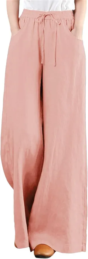 Womens Wide Leg Palazzo Pants Summer Drawstring High Waisted Long Lounge Trousers Cotton Linen Beach Boho Pants with Pockets