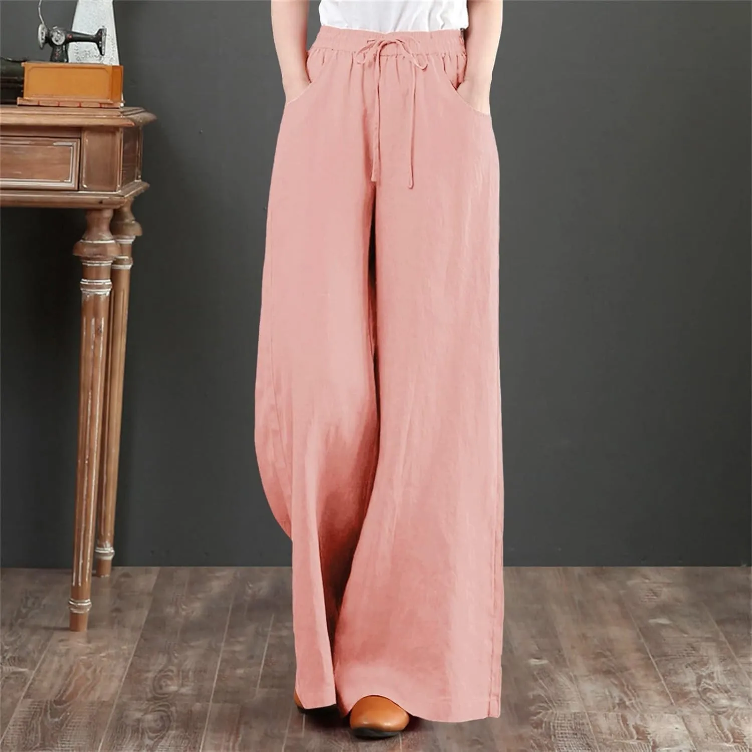 Womens Wide Leg Palazzo Pants Summer Drawstring High Waisted Long Lounge Trousers Cotton Linen Beach Boho Pants with Pockets