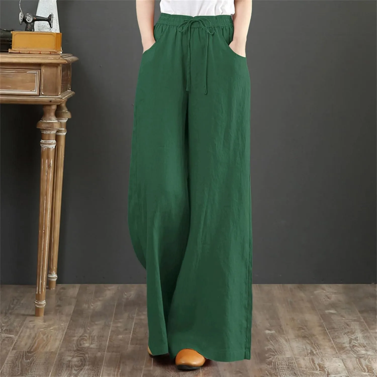 Womens Wide Leg Palazzo Pants Summer Drawstring High Waisted Long Lounge Trousers Cotton Linen Beach Boho Pants with Pockets