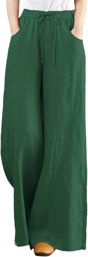 Womens Wide Leg Palazzo Pants Summer Drawstring High Waisted Long Lounge Trousers Cotton Linen Beach Boho Pants with Pockets