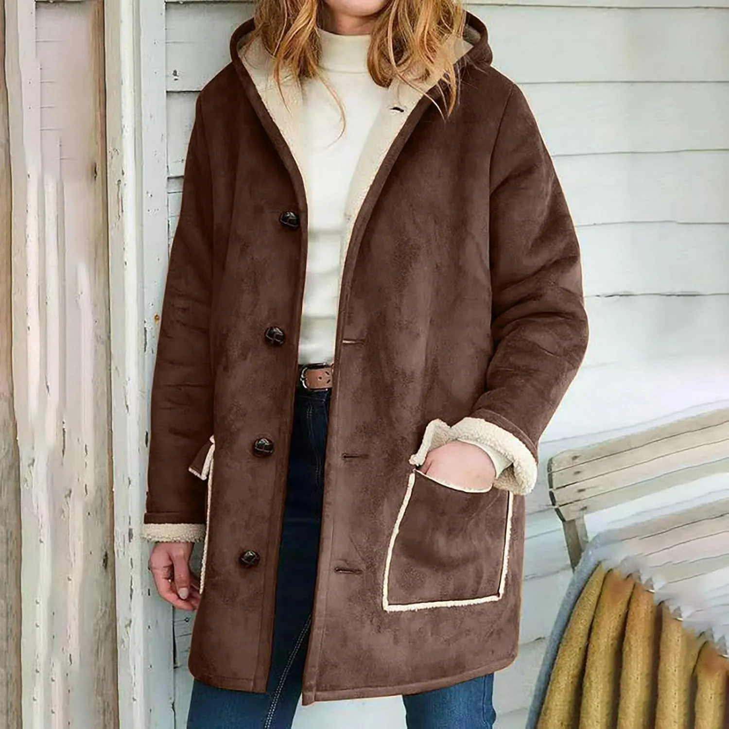 XUNRYAN Womens Fashion Suede Sherpa Fleece Jacket Trench Coats Thicken Winter Warm Sherpa Coat Hooded Peacoat Shearling Parka
