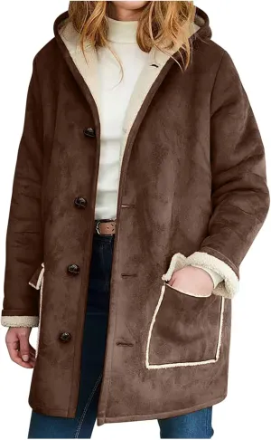 XUNRYAN Womens Fashion Suede Sherpa Fleece Jacket Trench Coats Thicken Winter Warm Sherpa Coat Hooded Peacoat Shearling Parka