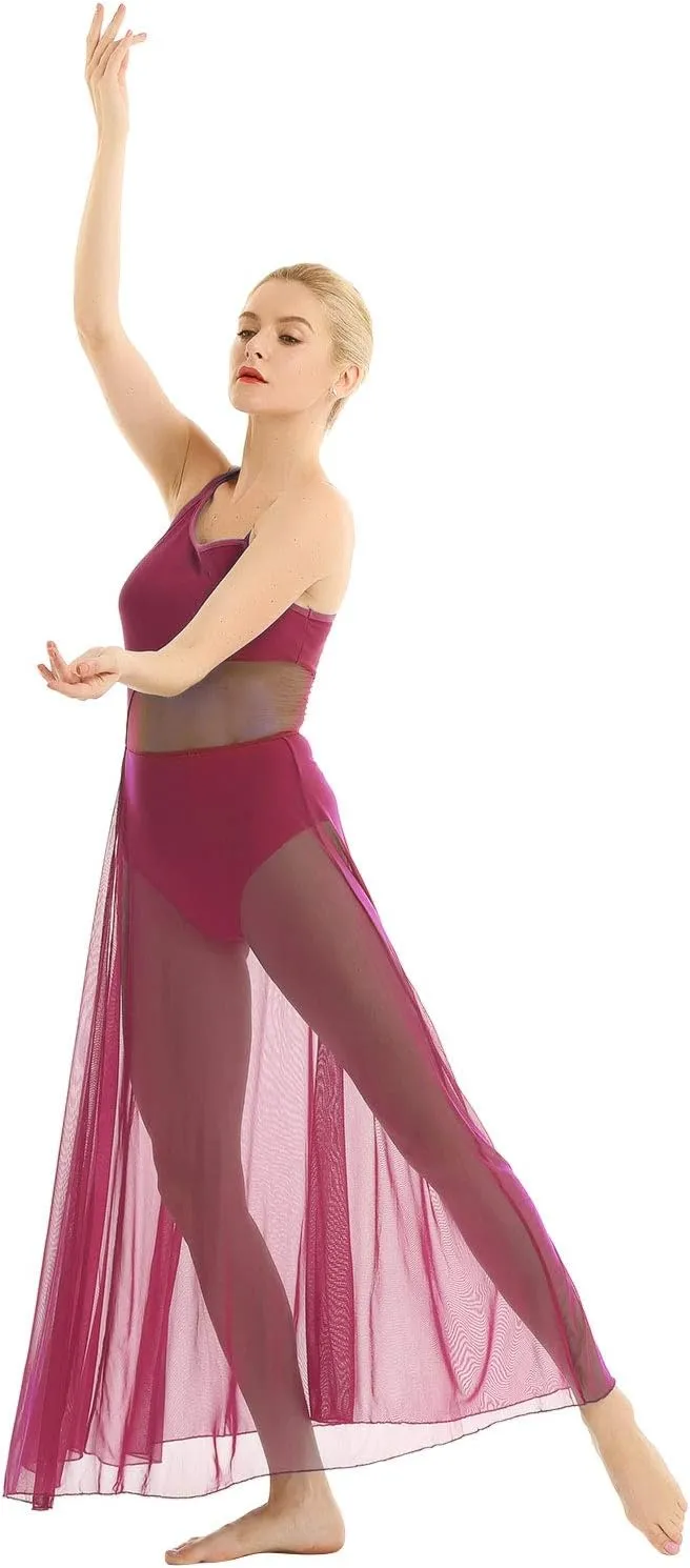 YiZYiF Women's Lyrical Dance Dress Asymmetrical Mesh Maxi Length Camisole Leotard