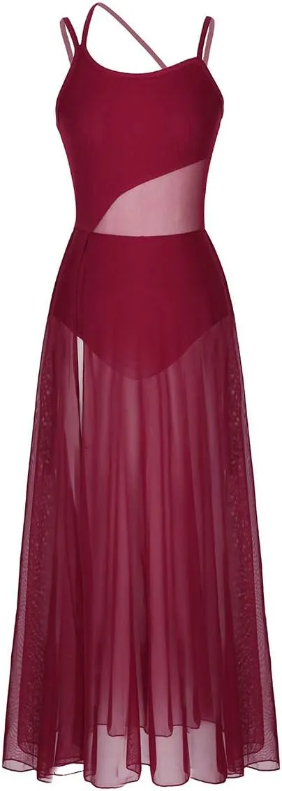 YiZYiF Women's Lyrical Dance Dress Asymmetrical Mesh Maxi Length Camisole Leotard