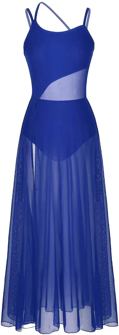 YiZYiF Women's Lyrical Dance Dress Asymmetrical Mesh Maxi Length Camisole Leotard