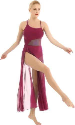 YiZYiF Women's Lyrical Dance Dress Asymmetrical Mesh Maxi Length Camisole Leotard