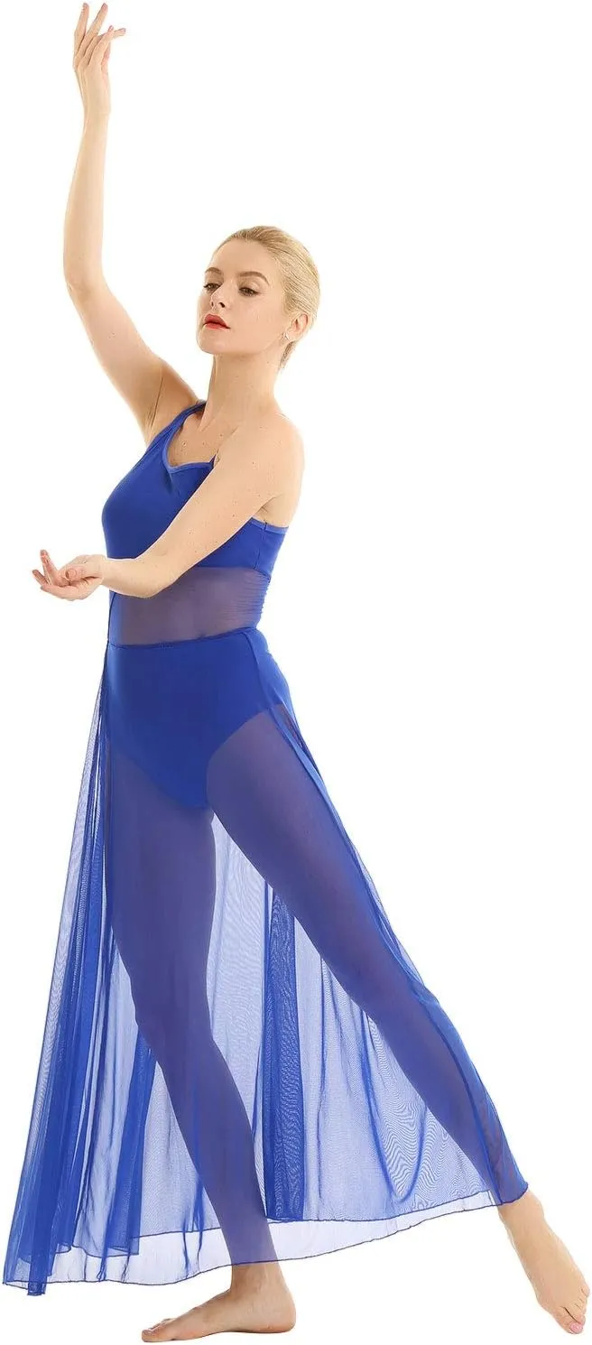 YiZYiF Women's Lyrical Dance Dress Asymmetrical Mesh Maxi Length Camisole Leotard
