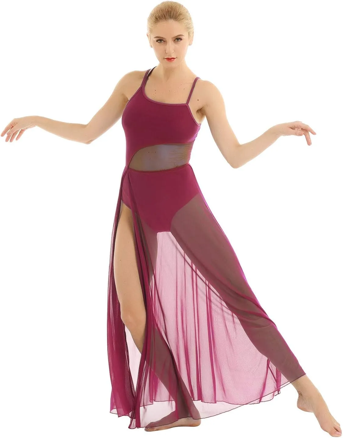 YiZYiF Women's Lyrical Dance Dress Asymmetrical Mesh Maxi Length Camisole Leotard