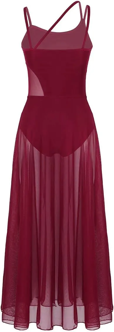 YiZYiF Women's Lyrical Dance Dress Asymmetrical Mesh Maxi Length Camisole Leotard