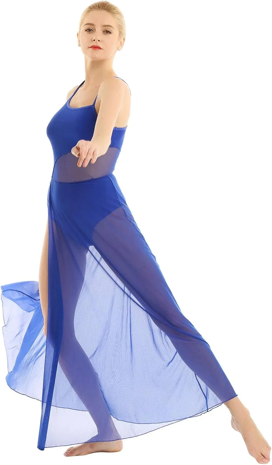 YiZYiF Women's Lyrical Dance Dress Asymmetrical Mesh Maxi Length Camisole Leotard