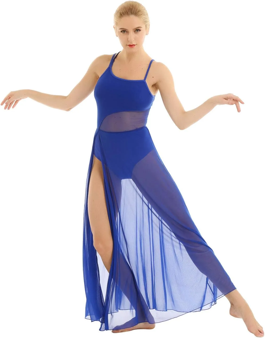 YiZYiF Women's Lyrical Dance Dress Asymmetrical Mesh Maxi Length Camisole Leotard
