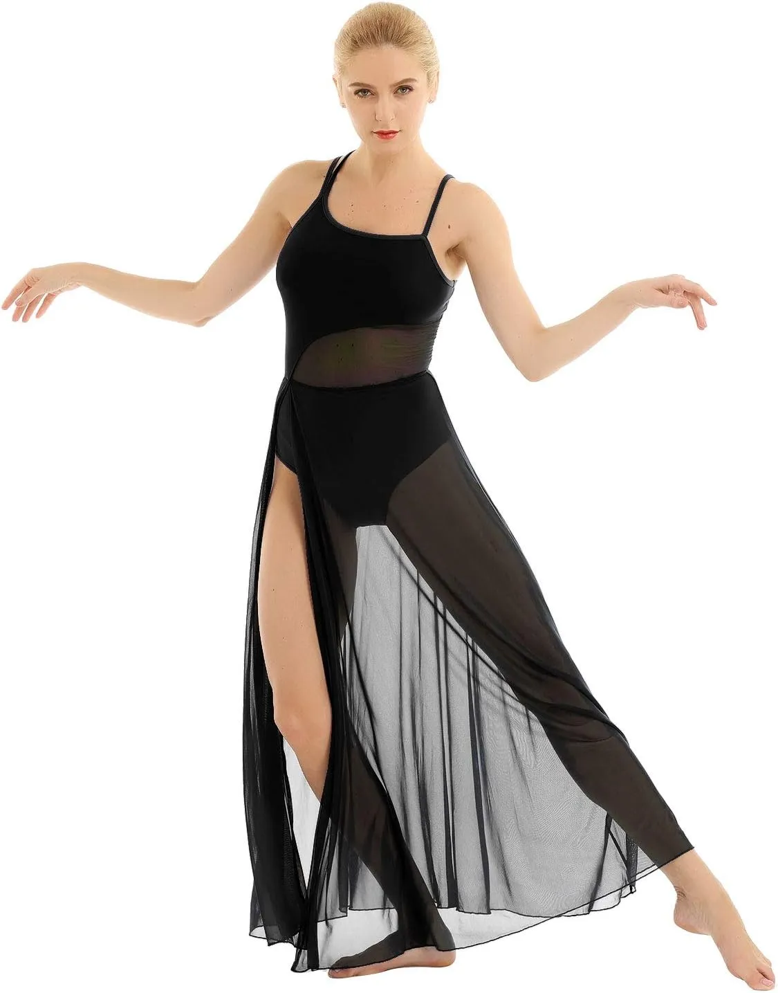 YiZYiF Women's Lyrical Dance Dress Asymmetrical Mesh Maxi Length Camisole Leotard