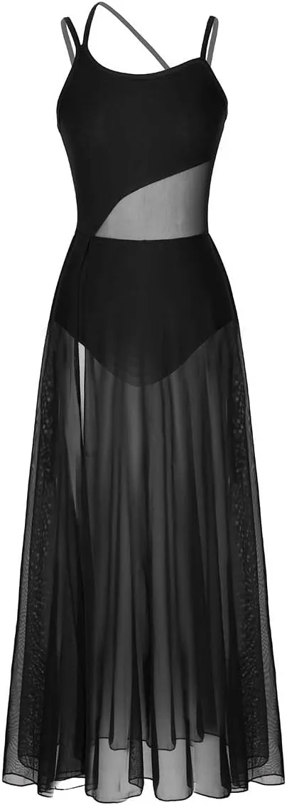 YiZYiF Women's Lyrical Dance Dress Asymmetrical Mesh Maxi Length Camisole Leotard