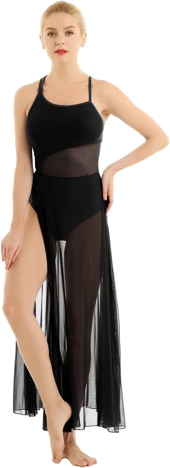 YiZYiF Women's Lyrical Dance Dress Asymmetrical Mesh Maxi Length Camisole Leotard