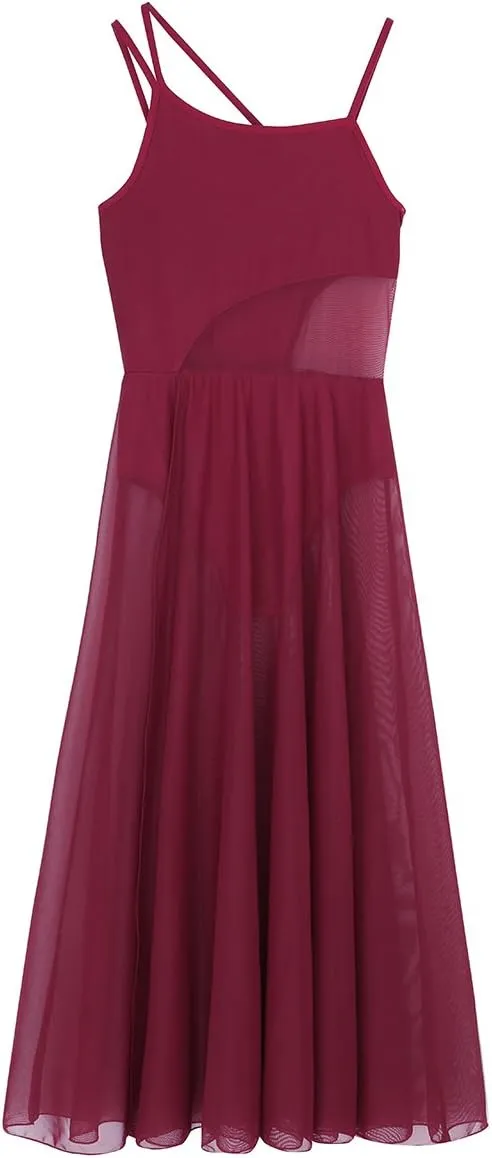 YiZYiF Women's Lyrical Dance Dress Asymmetrical Mesh Maxi Length Camisole Leotard
