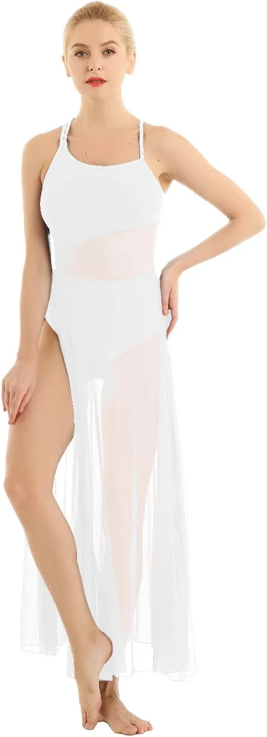 YiZYiF Women's Lyrical Dance Dress Asymmetrical Mesh Maxi Length Camisole Leotard