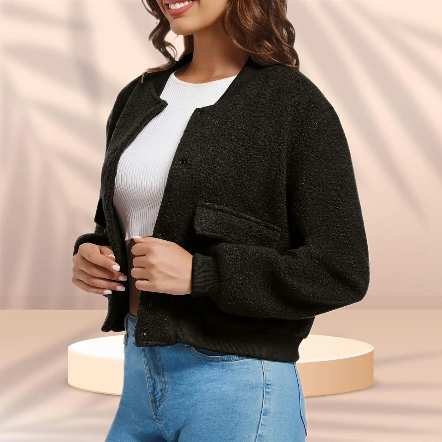 YSW Womens Cropped Bomber Jacket Baseball Varsity Jacket Casual Jackets with Pockets Button Down Chaquetas de Mujer