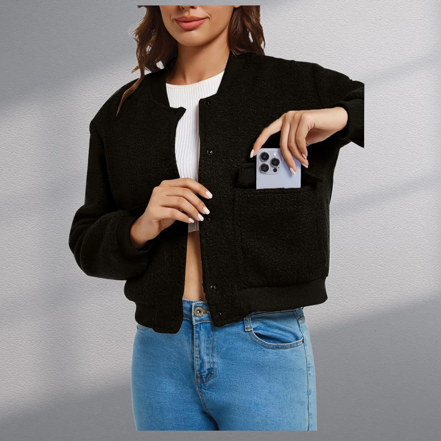 YSW Womens Cropped Bomber Jacket Baseball Varsity Jacket Casual Jackets with Pockets Button Down Chaquetas de Mujer