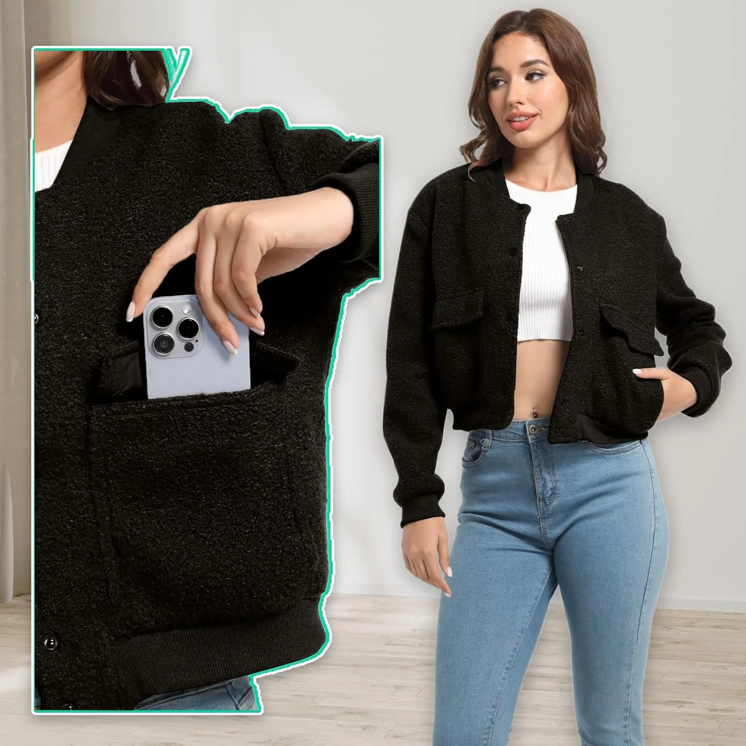 YSW Womens Cropped Bomber Jacket Baseball Varsity Jacket Casual Jackets with Pockets Button Down Chaquetas de Mujer