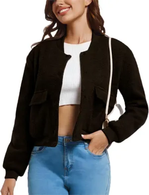 YSW Womens Cropped Bomber Jacket Baseball Varsity Jacket Casual Jackets with Pockets Button Down Chaquetas de Mujer