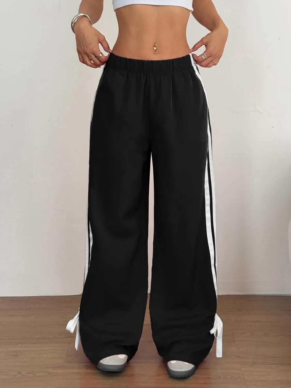 ZAFUL Womens Side Striped Pant Baggy Wide Leg Sweatpants Elastic Waisted Contrast Stripes Loose Fit Trousers