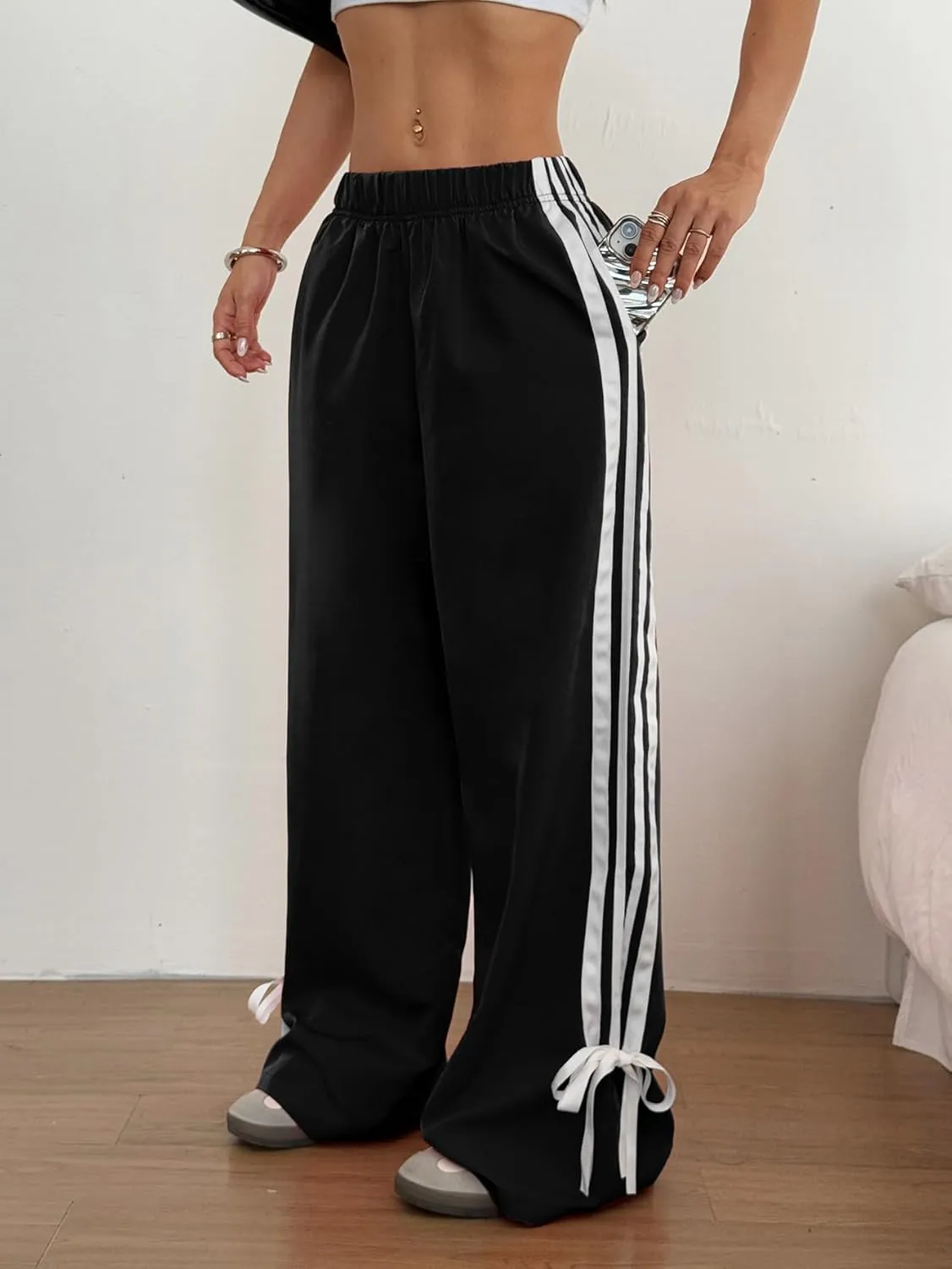 ZAFUL Womens Side Striped Pant Baggy Wide Leg Sweatpants Elastic Waisted Contrast Stripes Loose Fit Trousers