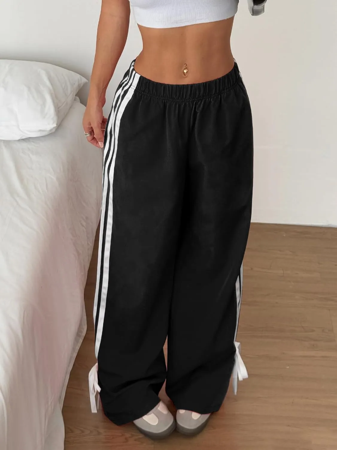 ZAFUL Womens Side Striped Pant Baggy Wide Leg Sweatpants Elastic Waisted Contrast Stripes Loose Fit Trousers