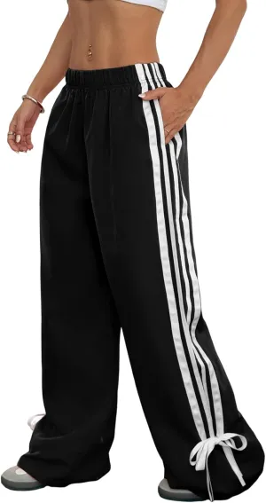 ZAFUL Womens Side Striped Pant Baggy Wide Leg Sweatpants Elastic Waisted Contrast Stripes Loose Fit Trousers