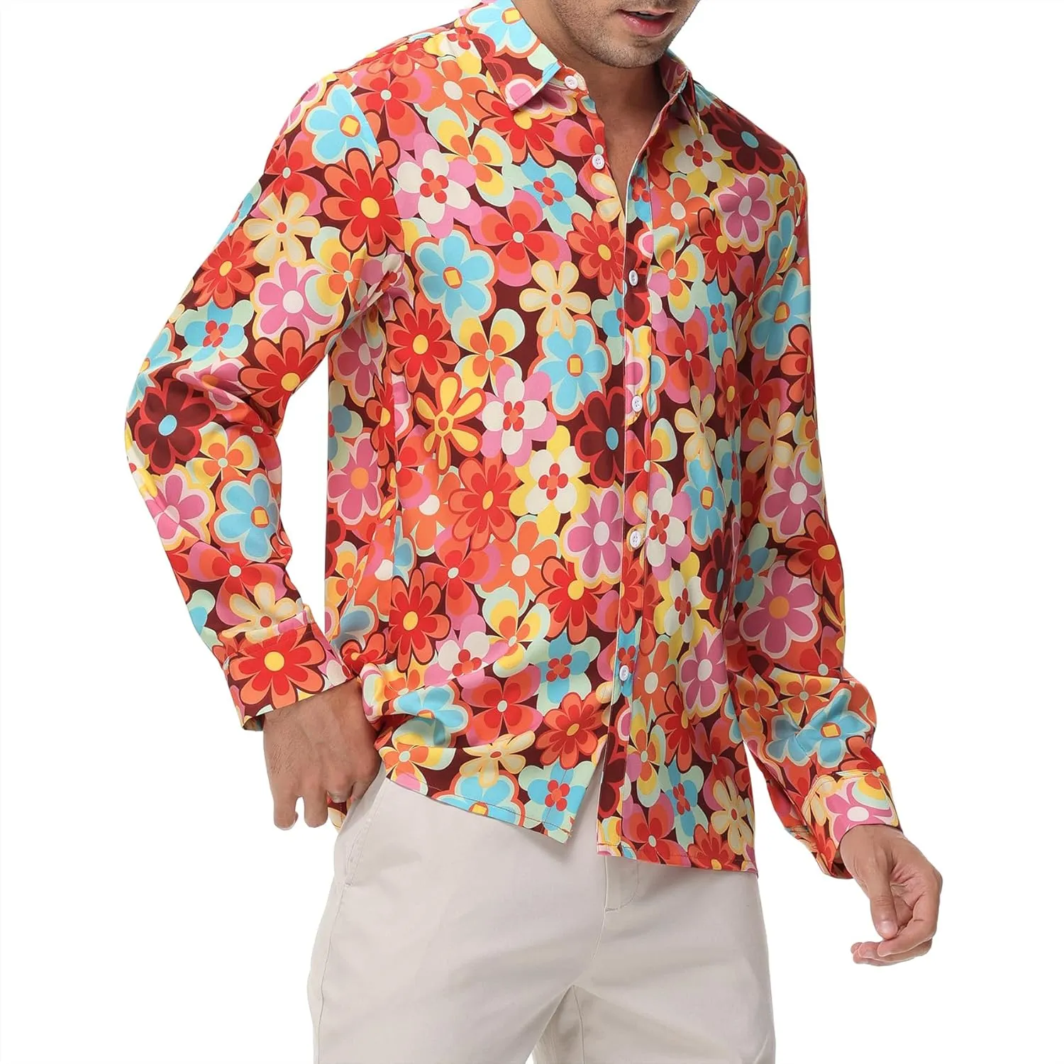 Zando Mens 70s Disco Shirt Retro Casual Button Down Disco Outfit Men Floral Vintage Long Sleeve Hip Hop Party Outfit Shirt