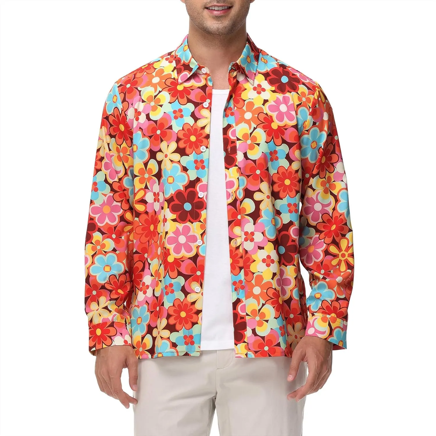 Zando Mens 70s Disco Shirt Retro Casual Button Down Disco Outfit Men Floral Vintage Long Sleeve Hip Hop Party Outfit Shirt