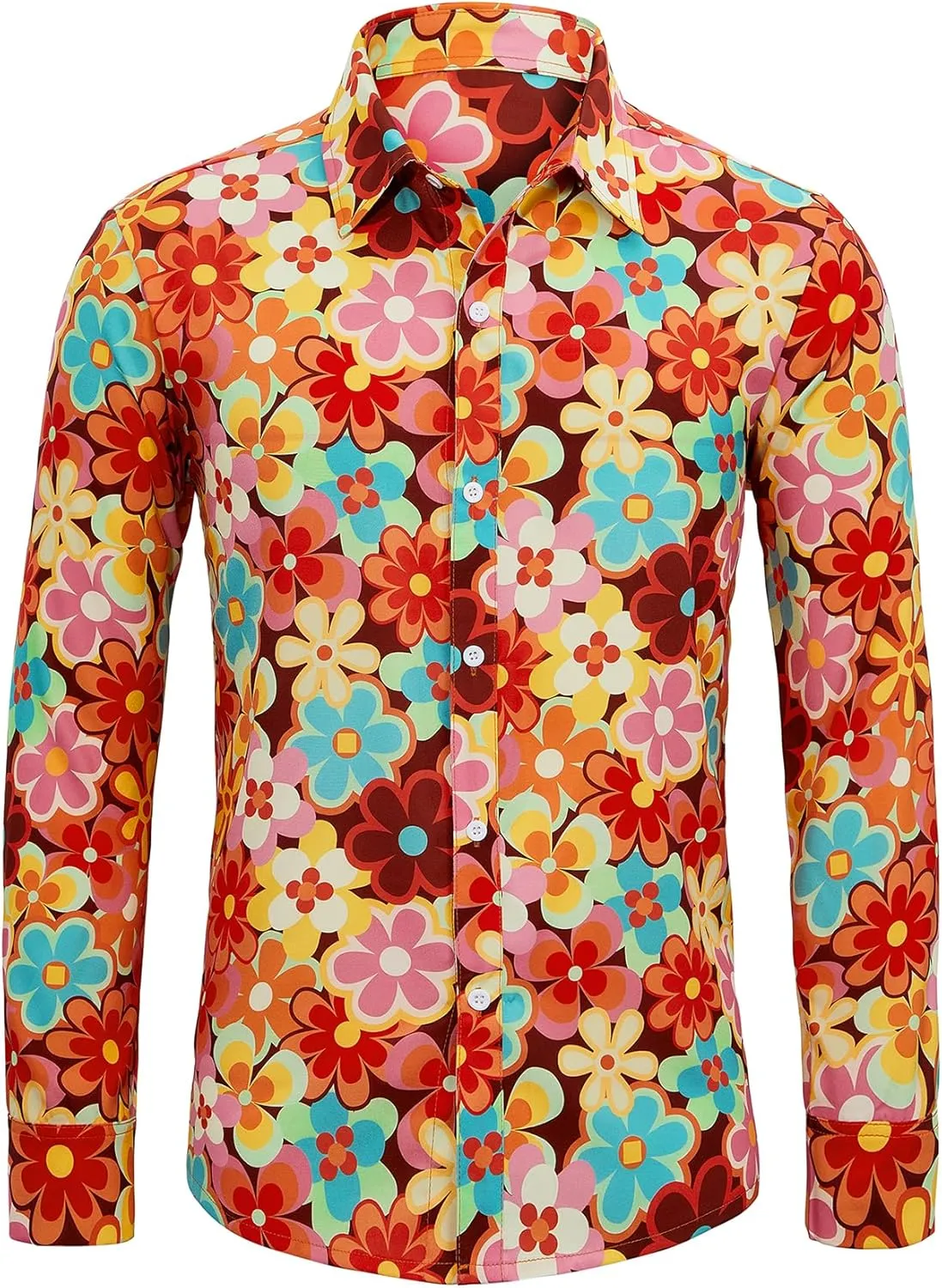 Zando Mens 70s Disco Shirt Retro Casual Button Down Disco Outfit Men Floral Vintage Long Sleeve Hip Hop Party Outfit Shirt