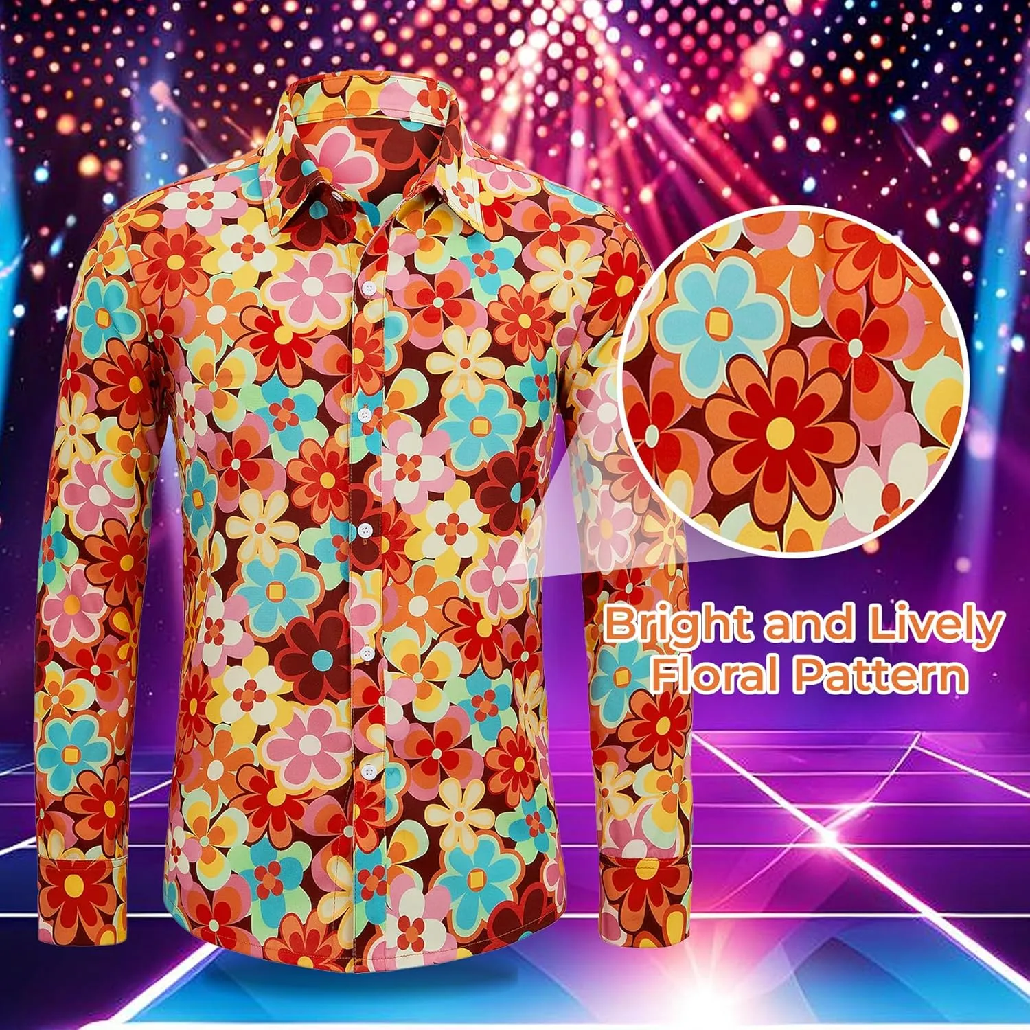 Zando Mens 70s Disco Shirt Retro Casual Button Down Disco Outfit Men Floral Vintage Long Sleeve Hip Hop Party Outfit Shirt
