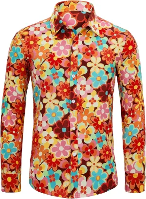Zando Mens 70s Disco Shirt Retro Casual Button Down Disco Outfit Men Floral Vintage Long Sleeve Hip Hop Party Outfit Shirt