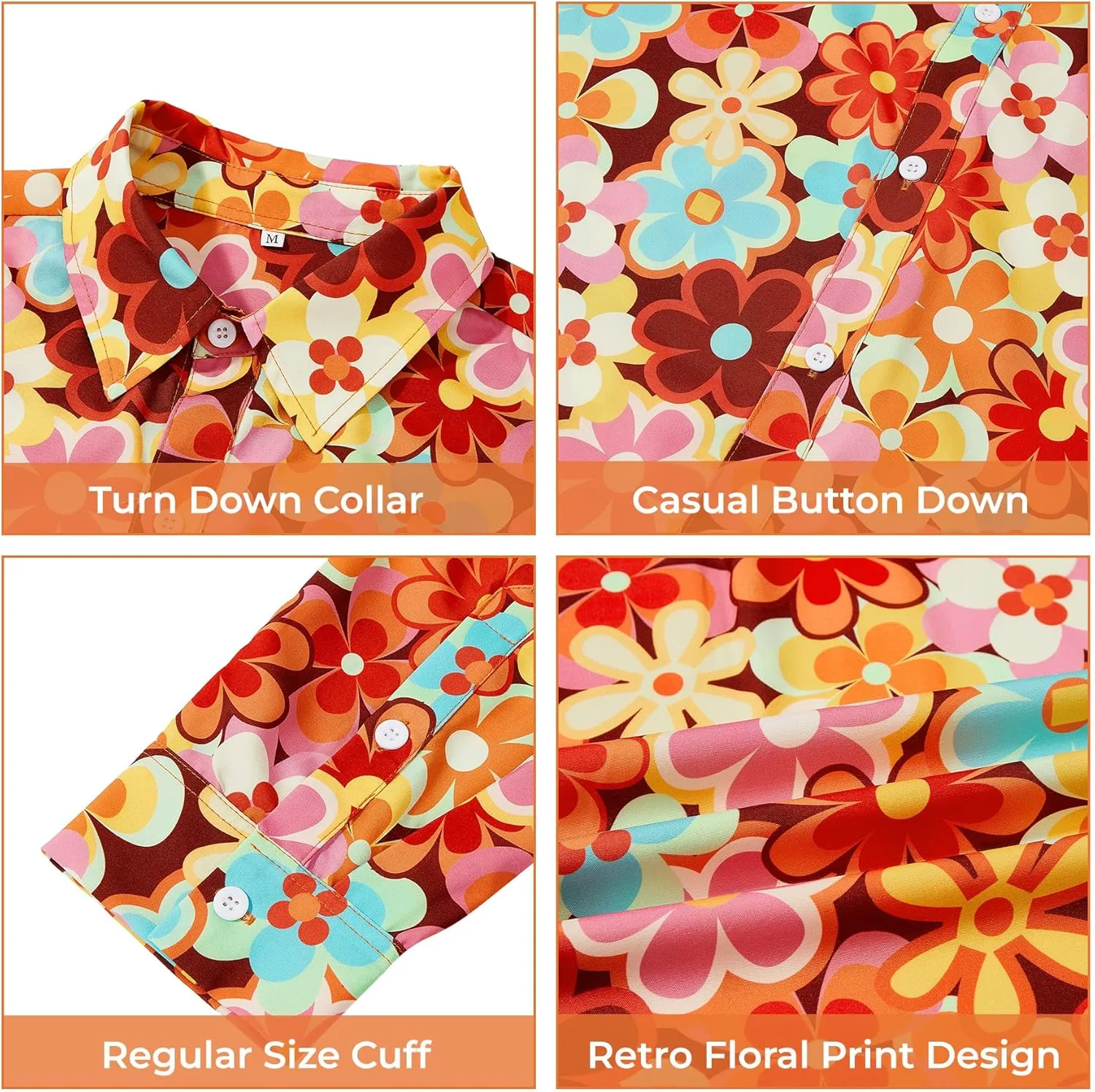 Zando Mens 70s Disco Shirt Retro Casual Button Down Disco Outfit Men Floral Vintage Long Sleeve Hip Hop Party Outfit Shirt